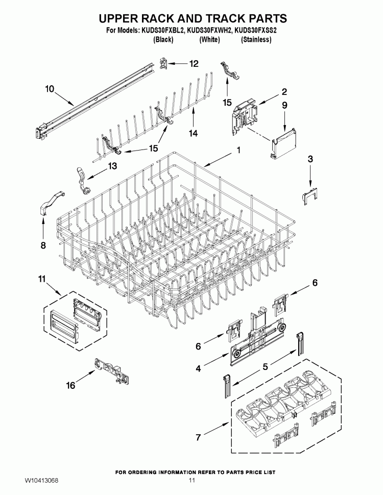 UPPER RACK AND TRACK PARTS Diagram and Parts List for KUDS30FXSS2  KitchenAid Dishwasher