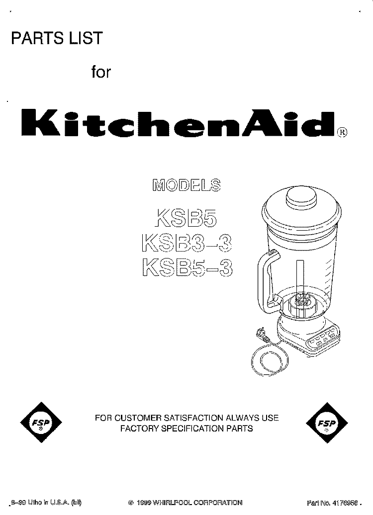 SECTION Diagram and Parts List for KSB5(DUP)  KitchenAid Blender