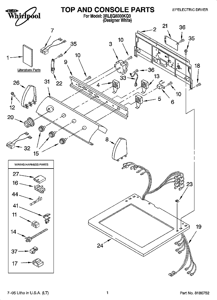 TOP AND CONSOLE PARTS Diagram and Parts List for 3RLEQ8000KQ3  Whirlpool Dryer