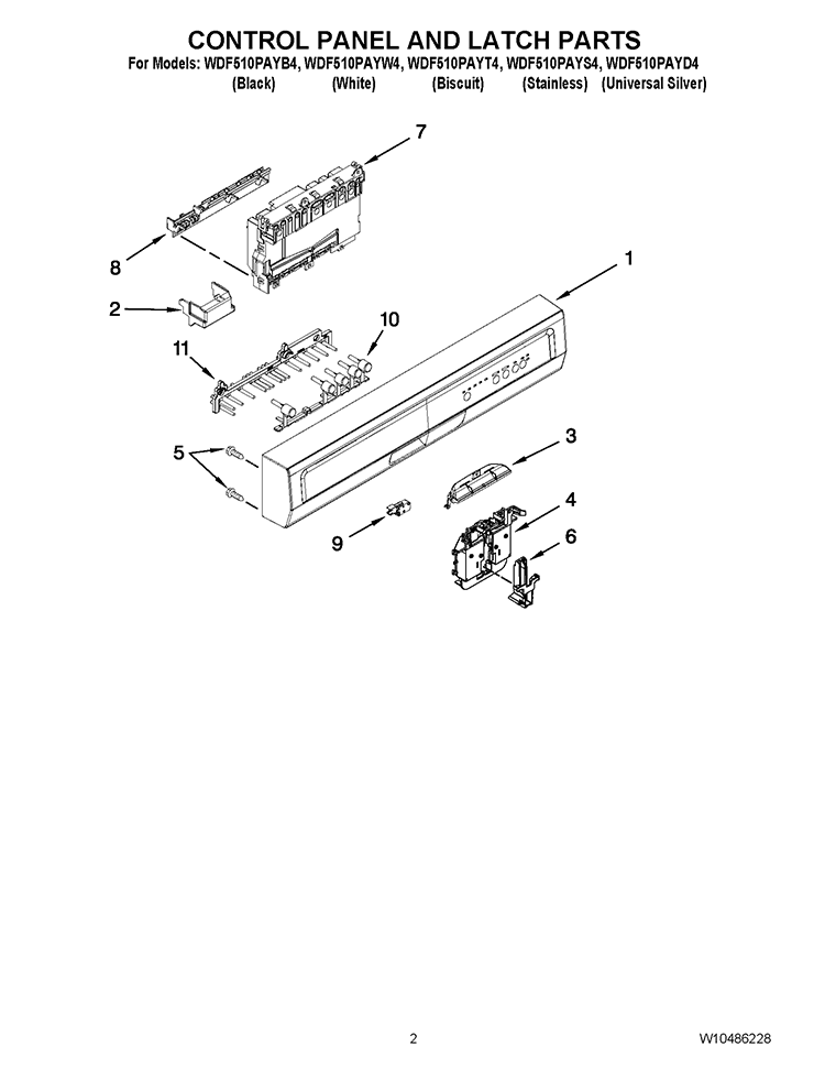 CONTROL PANEL AND LATCH PARTS Diagram and Parts List for WDF510PAYS4  Whirlpool Dishwasher