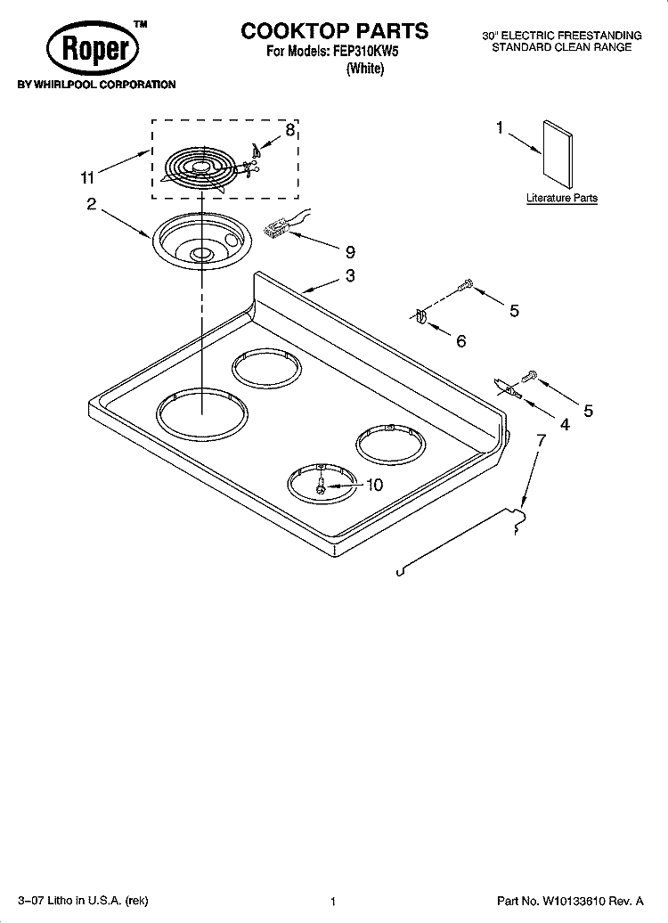 COOKTOP PARTS Diagram and Parts List for FEP310KW5  Roper Range