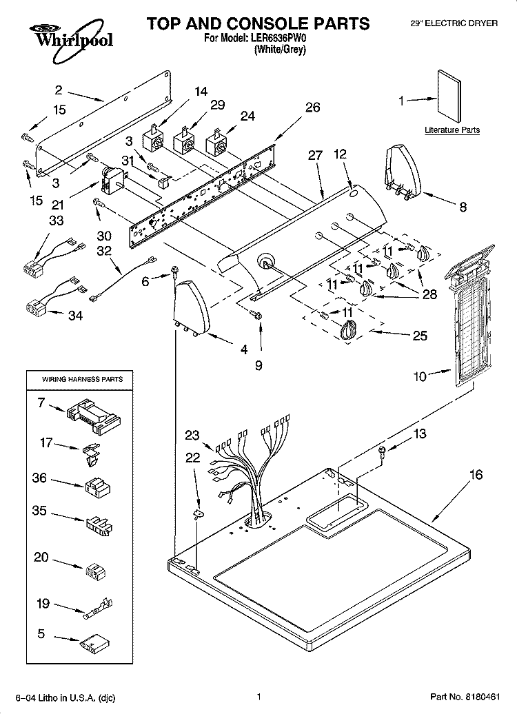 TOP AND CONSOLE PARTS Diagram and Parts List for LER6636PW0  Whirlpool Dryer