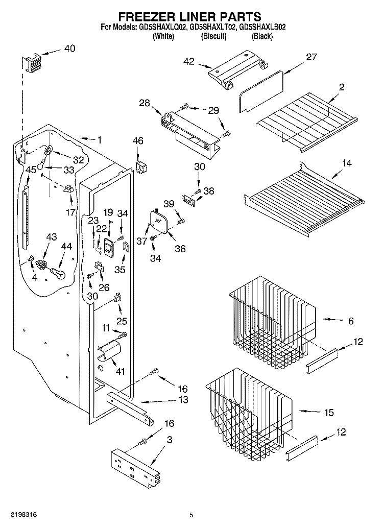 FREEZER LINER PARTS Diagram and Parts List for GD5SHAXLT02  Whirlpool Refrigerator