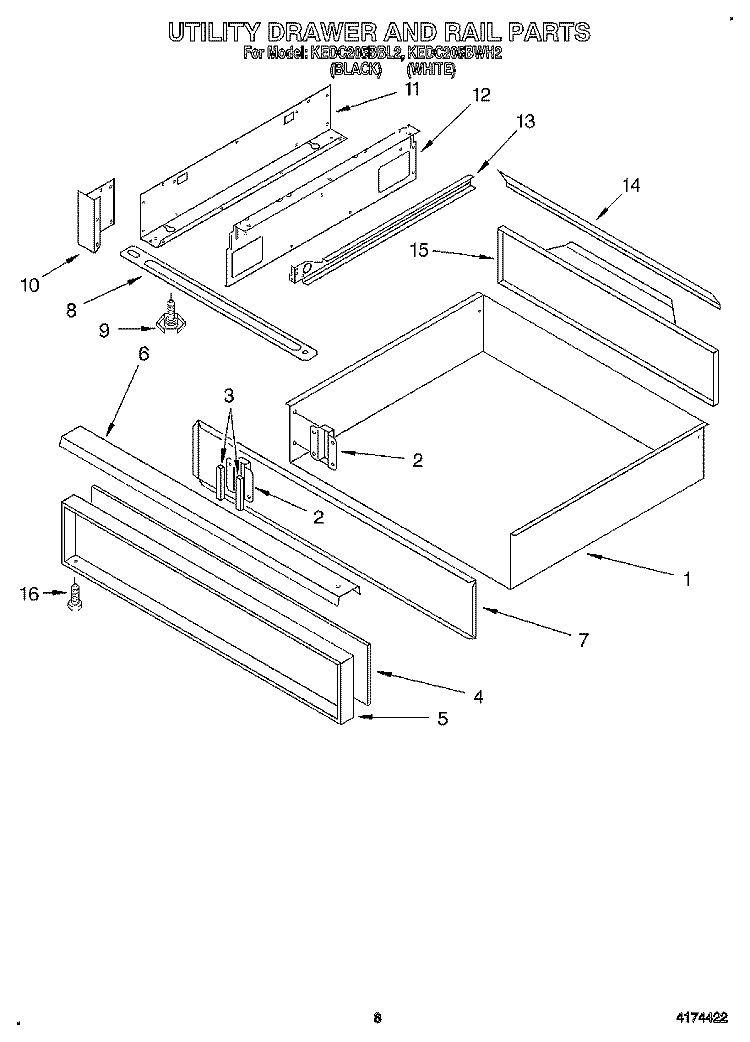 UTILITY DRAWER AND RAIL Diagram and Parts List for KEDC205BBL2  KitchenAid Range