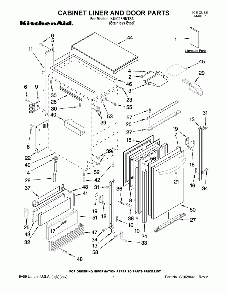CABINET LINER AND DOOR PARTS Diagram and Parts List for KUIC18NNTS3  KitchenAid Ice Maker