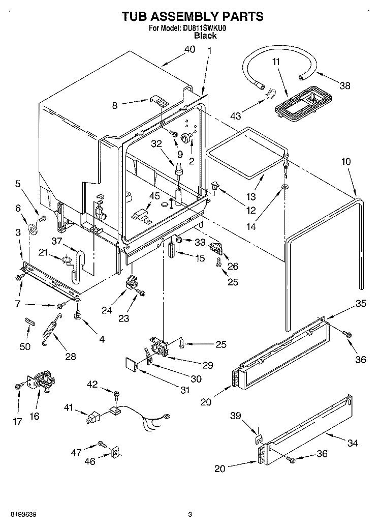 TUB ASSEMBLY Diagram and Parts List for DU811SWKU0  Whirlpool Dishwasher