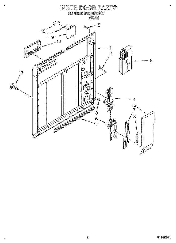 INNER DOOR Diagram and Parts List for DU810DWGQ2  Whirlpool Dishwasher