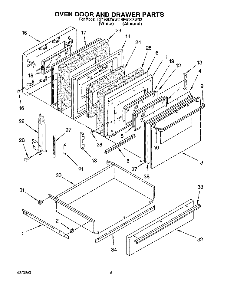 OVEN DOOR AND DRAWER Diagram and Parts List for RF4700XWN2  Whirlpool Range