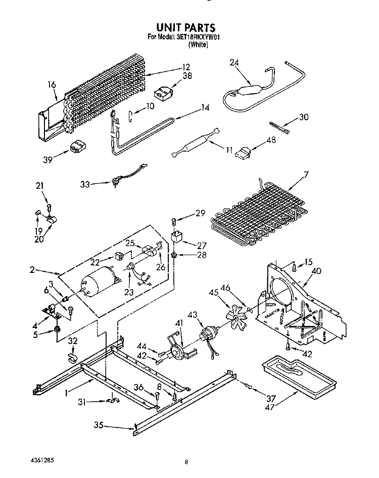 UNIT Diagram and Parts List for 3ET18RKXYW01  Whirlpool Refrigerator