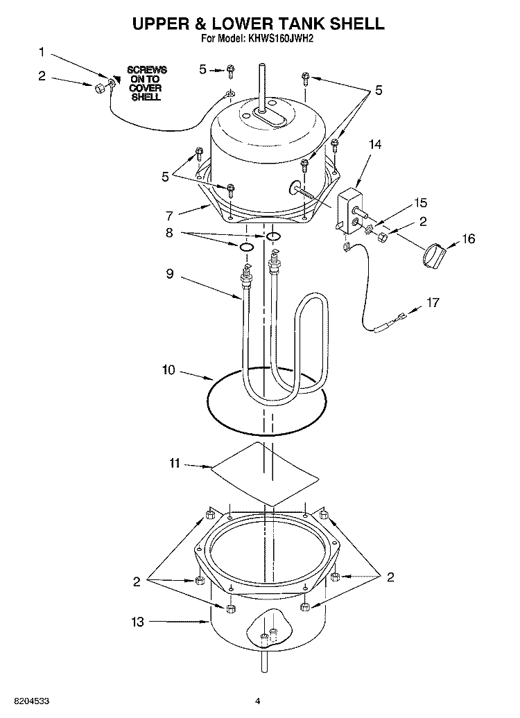 UPPER & LOWER TANK SHELL Diagram and Parts List for KHWS160JBT2  KitchenAid Miscellaneous