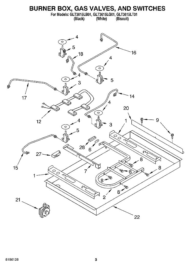BURNER BOX, GAS VALVES, AND SWITCHES Diagram and Parts List for GLT3615LB01  Whirlpool Cooktop