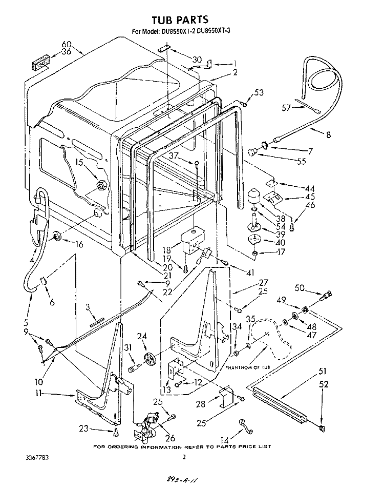 TUB , LITERATURE AND OPTIONAL Diagram and Parts List for DU8550XT3  Whirlpool Dishwasher
