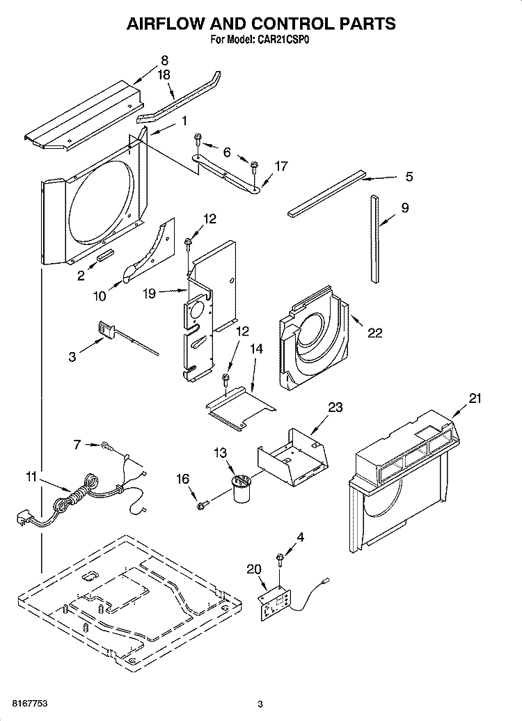 AIRFLOW AND CONTROL PARTS Diagram and Parts List for CAR21CSP0  Crosley Air Conditioner
