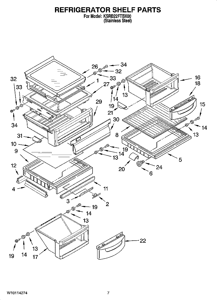 REFRIGERATOR SHELF PARTS Diagram and Parts List for KSRB22FTBX00  KitchenAid Refrigerator