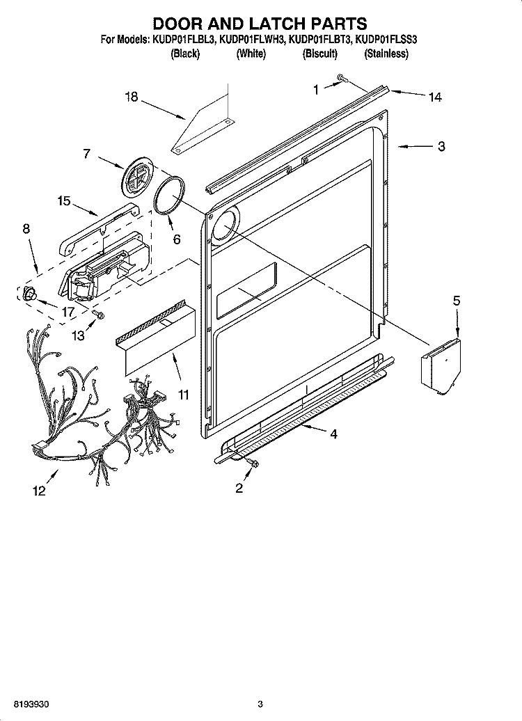 DOOR AND LATCH PARTS Diagram and Parts List for KUDP01FLBL3  KitchenAid Dishwasher