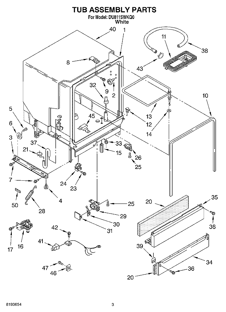 TUB ASSEMBLY Diagram and Parts List for DU811SWKQ0  Whirlpool Dishwasher