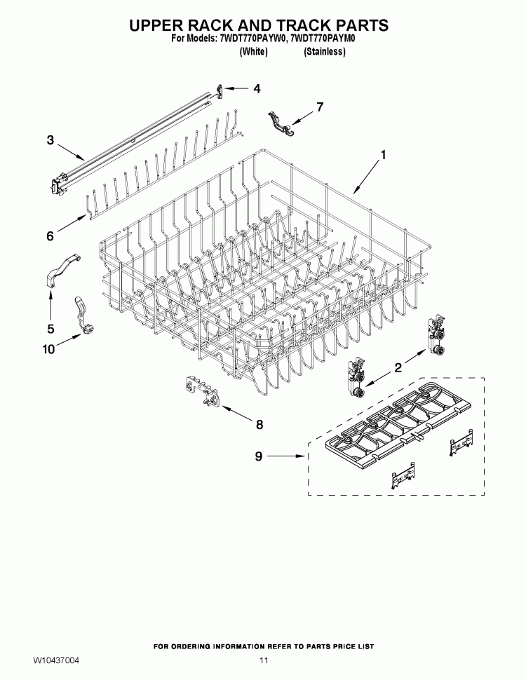 UPPER RACK AND TRACK PARTS Diagram and Parts List for 7WDT770PAYM0  Whirlpool Dishwasher