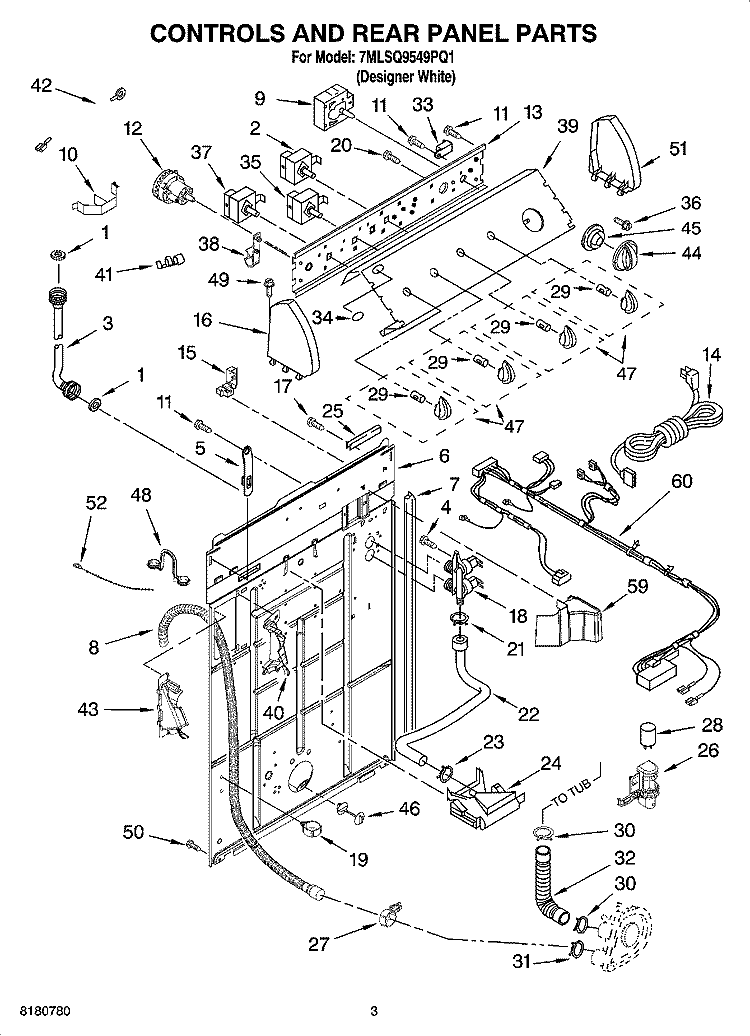CONTROLS AND REAR PANEL PARTS Diagram and Parts List for 7MLSQ9549PQ1  Whirlpool Washer