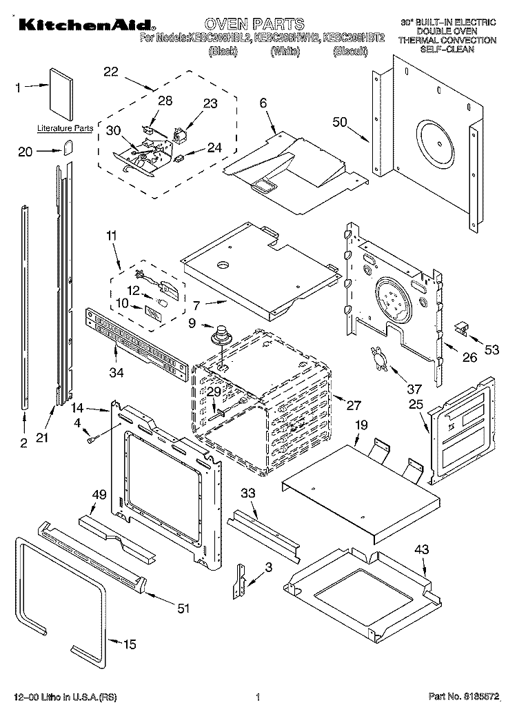 OVEN, LITERATURE Diagram and Parts List for KEBC208HBT2  KitchenAid Wall Oven