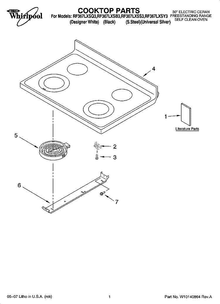 COOKTOP PARTS Diagram and Parts List for RF367LXSQ3  Whirlpool Range