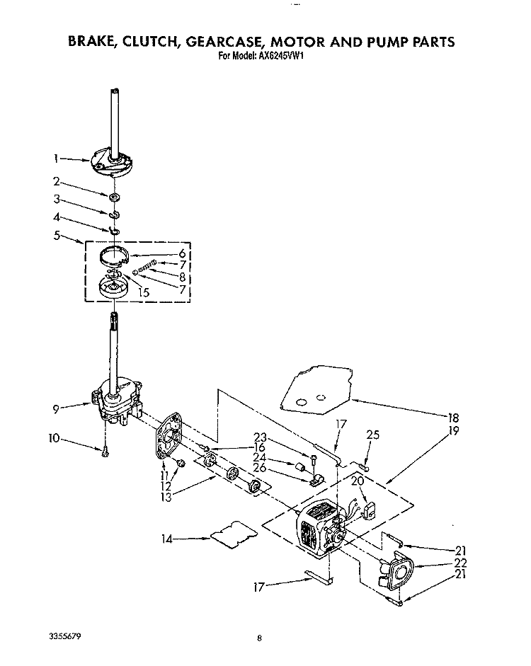 BRAKE, CLUTCH, GEARCASE, MOTOR AND PUMP Diagram and Parts List for AX6245VL1  Whirlpool Washer