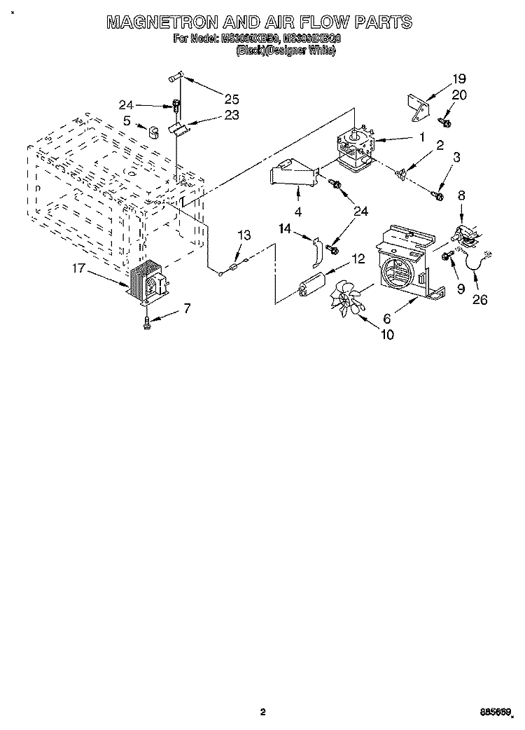 MAGNETRON AND AIR FLOW Diagram and Parts List for MS3080XBQ0  Whirlpool Wall Oven