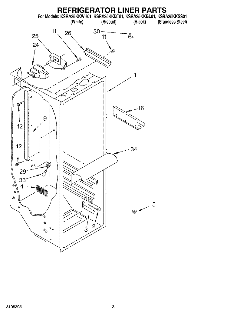REFRIGERATOR LINER PARTS Diagram and Parts List for KSRA25KKSS01  KitchenAid Refrigerator