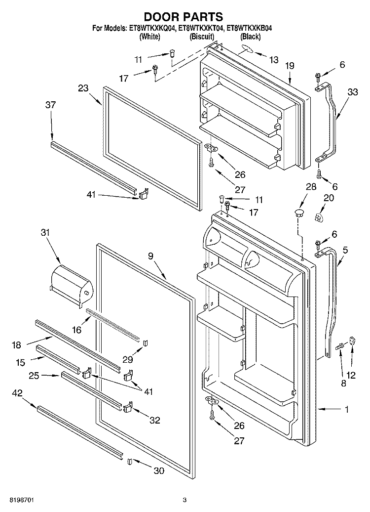 DOOR PARTS Diagram and Parts List for ET8WTKXKQ04  Whirlpool Refrigerator