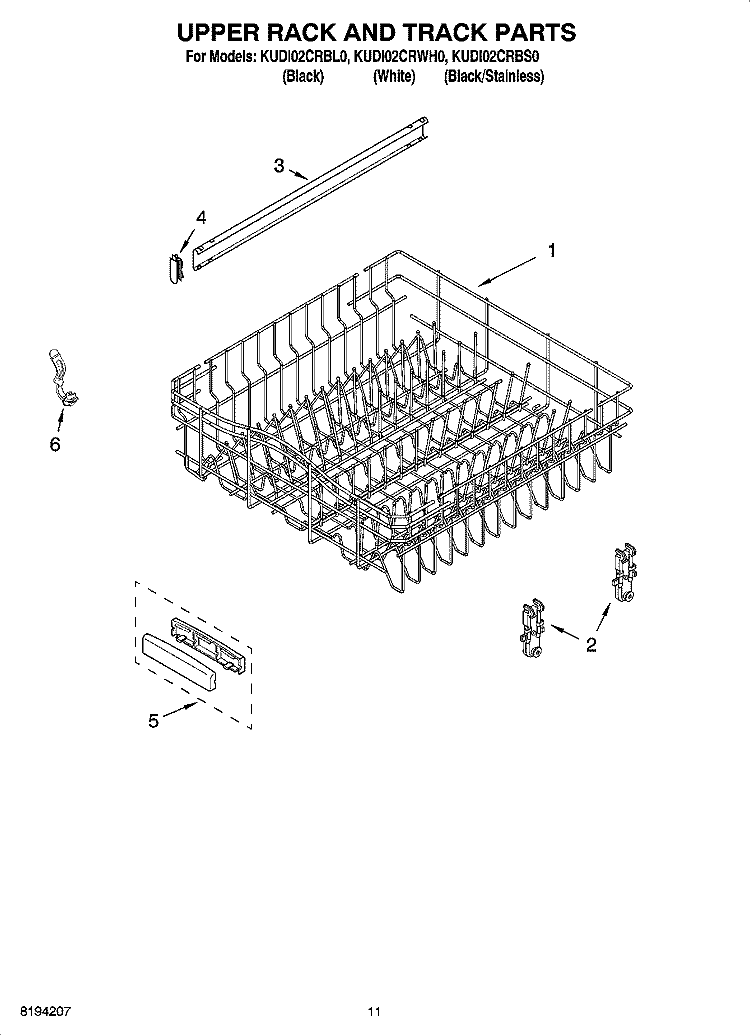 UPPER RACK AND TRACK PARTS Diagram and Parts List for KUDI02CRWH0  KitchenAid Dishwasher
