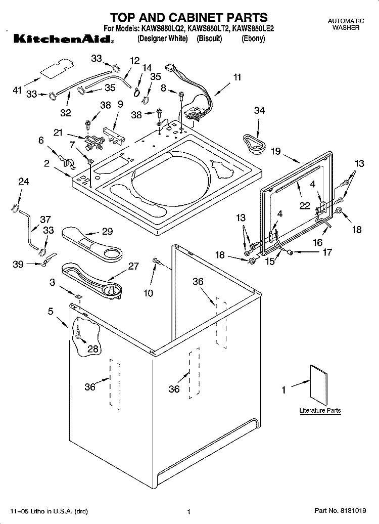 TOP AND CABINET PARTS Diagram and Parts List for KAWS850LE2  KitchenAid Washer