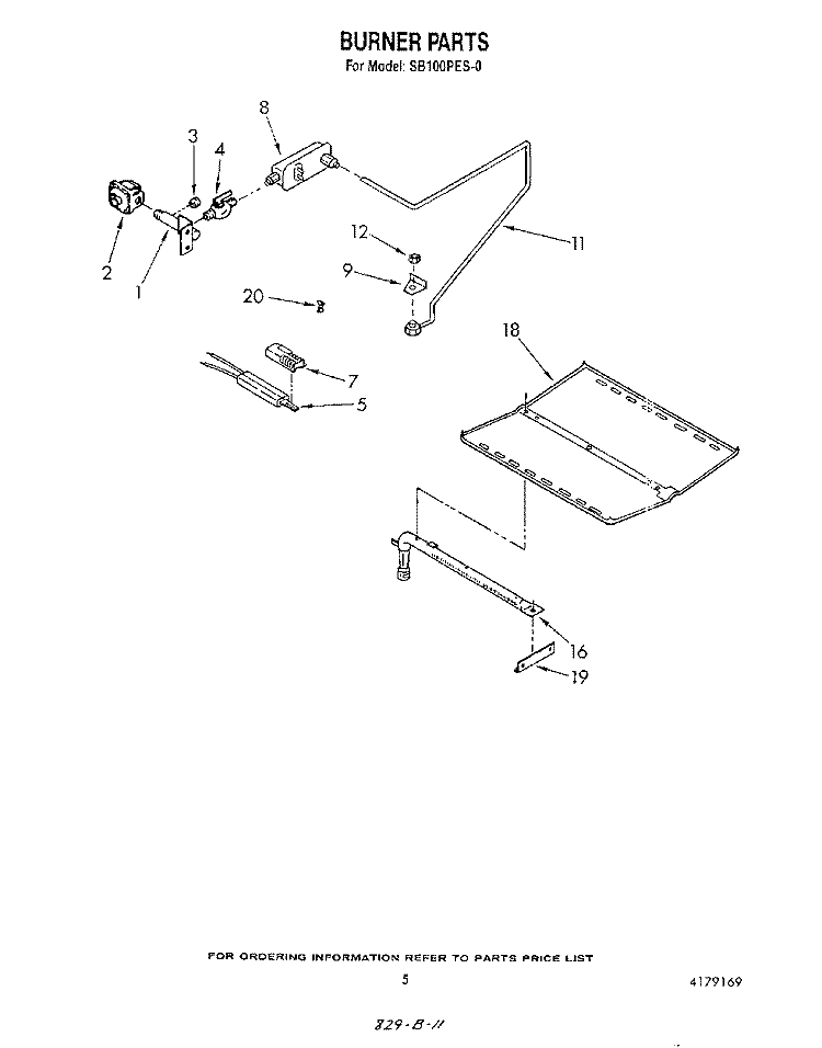 BURNER Diagram and Parts List for SB100PES0  Whirlpool Range