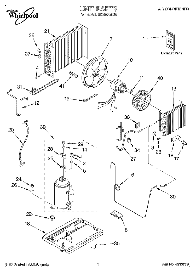 UNIT, LITERATURE Diagram and Parts List for ACM072XG0  Whirlpool Air Conditioner