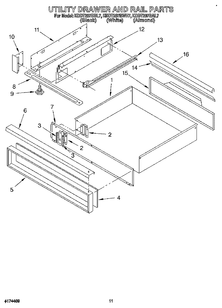 UTILITY DRAWER AND RAIL Diagram and Parts List for KDDT207BAL7  KitchenAid Range