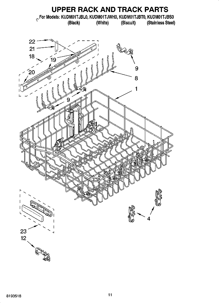 UPPER RACK AND TRACK PARTS Diagram and Parts List for KUDM01TJWH0  KitchenAid Dishwasher