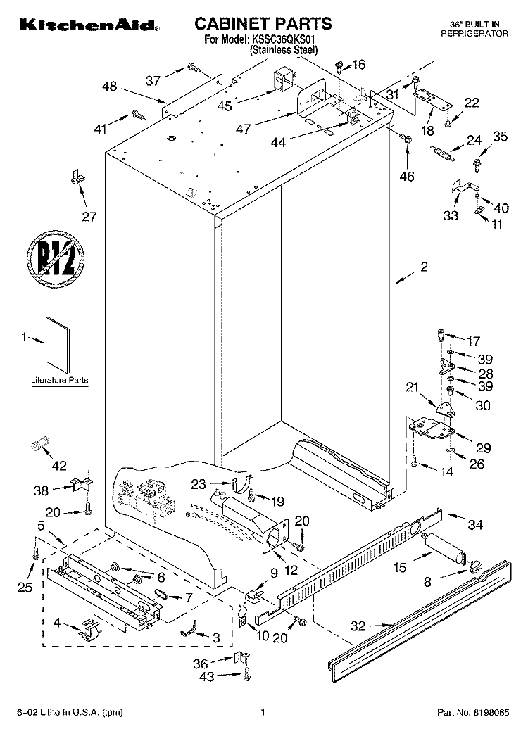 CABINET, LITERATURE Diagram and Parts List for KSSC36QKS01  KitchenAid Refrigerator