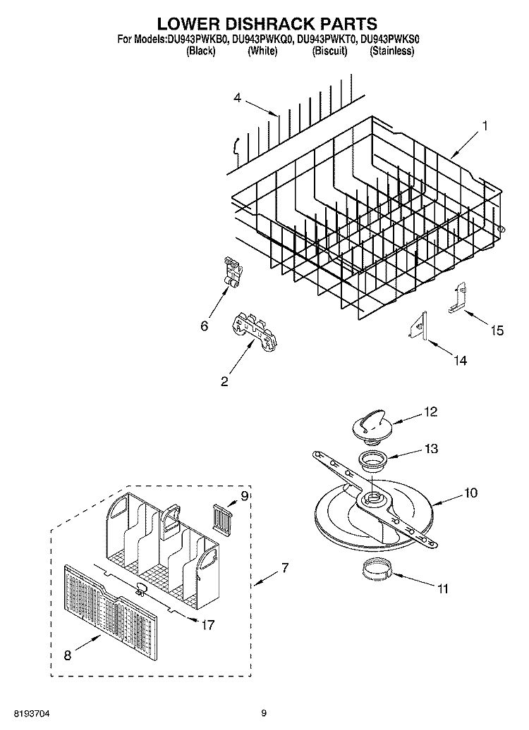 LOWER DISHRACK PARTS Diagram and Parts List for DU943PWKS0  Whirlpool Dishwasher