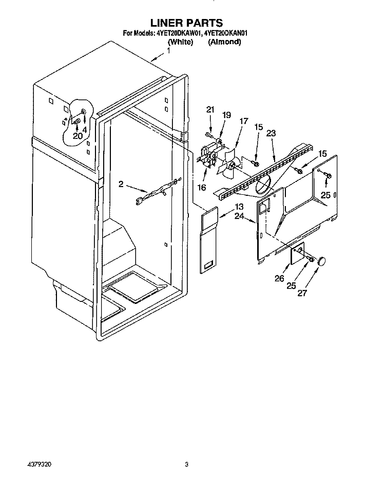 LINER Diagram and Parts List for 4YET20DKAN01  Whirlpool Refrigerator