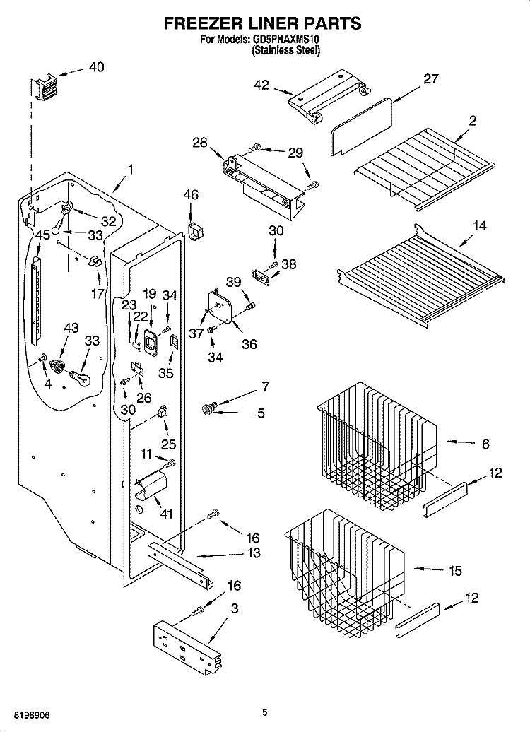 FREEZER LINER PARTS Diagram and Parts List for GD5PHAXMS10  Whirlpool Refrigerator