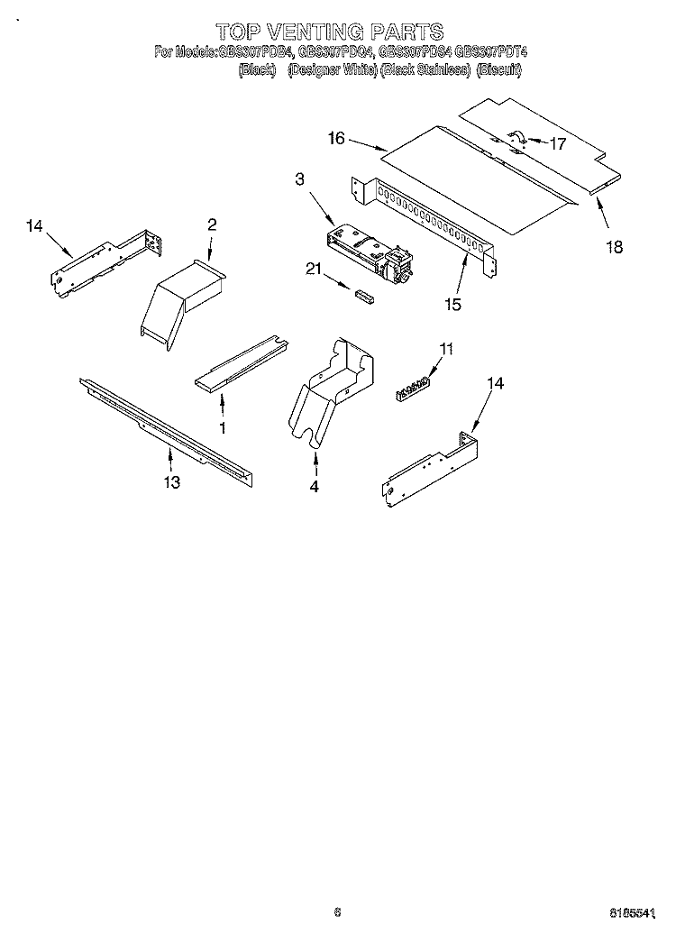 TOP VENTING Diagram and Parts List for GBS307PDB4  Whirlpool Wall Oven