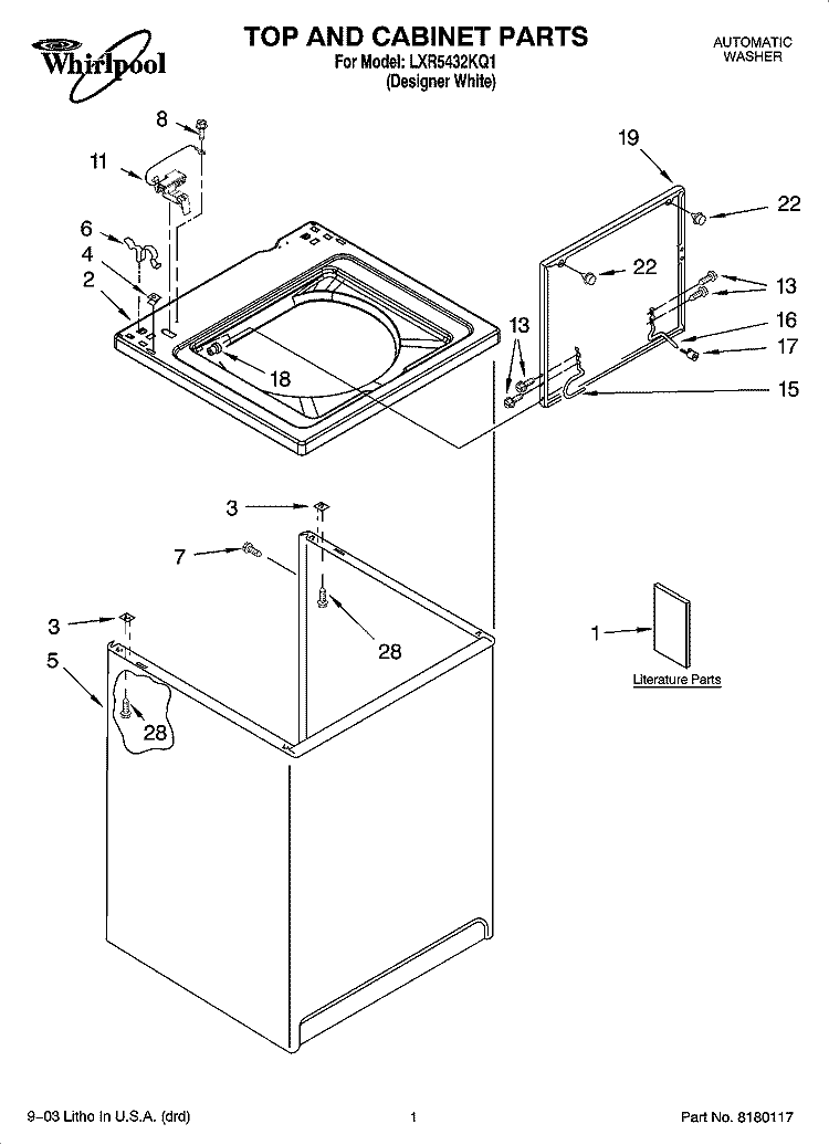 TOP AND CABINET PARTS Diagram and Parts List for LXR5432KQ1  Whirlpool Washer