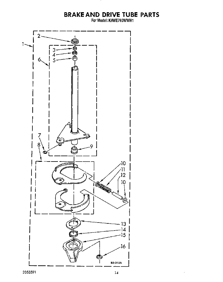 BRAKE AND DRIVE TUBE Diagram and Parts List for KAWE760WAL1  KitchenAid Washer