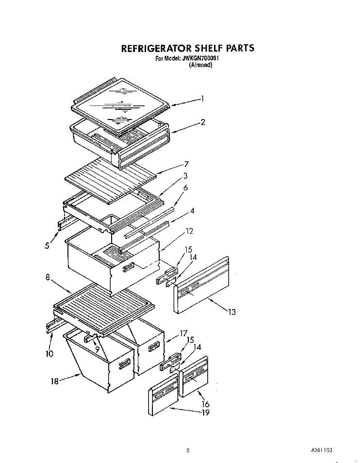 REFRIGERATOR SHELF Diagram and Parts List for JWKGN700001  Whirlpool Refrigerator