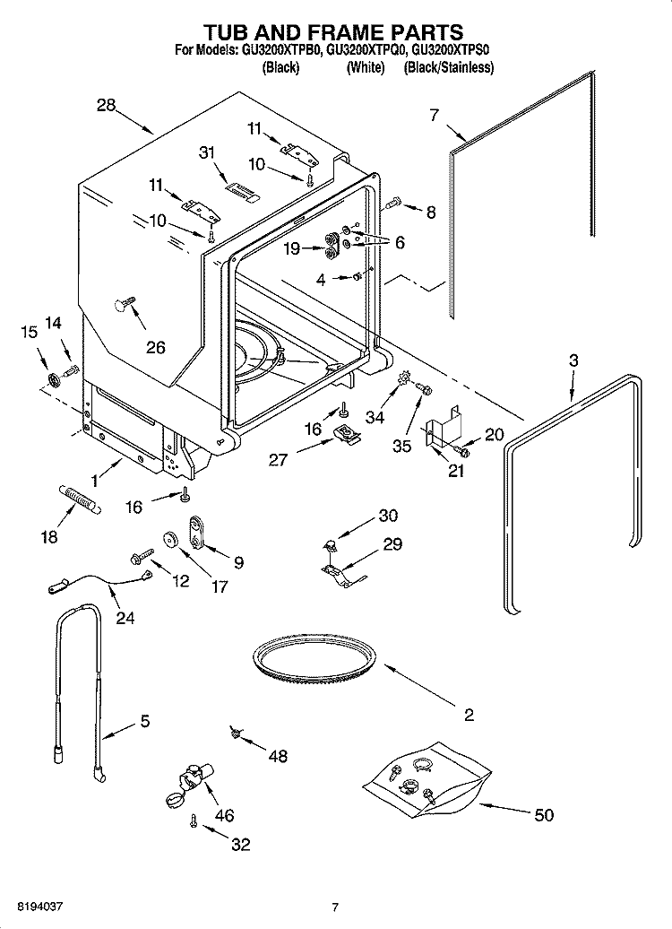 TUB AND FRAME PARTS Diagram and Parts List for GU3200XTPB0  Whirlpool Dishwasher