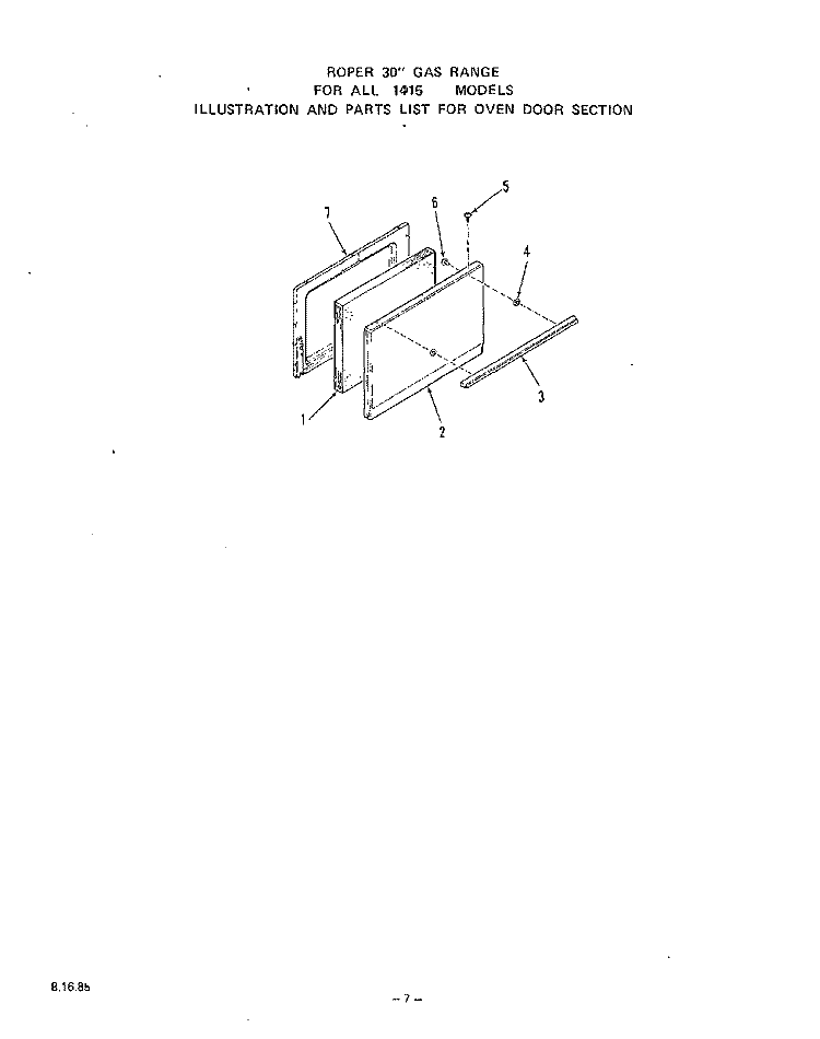 OVEN DOOR Diagram and Parts List for 1415W1A  Roper Range