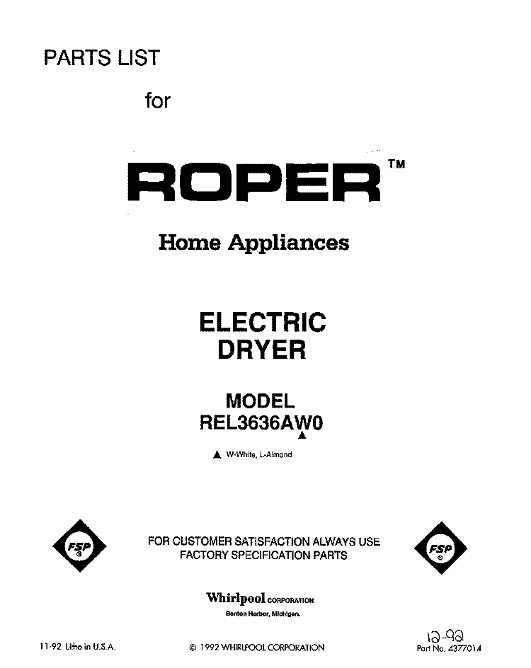 SECTION Diagram and Parts List for REL3636AW0  Roper Dryer