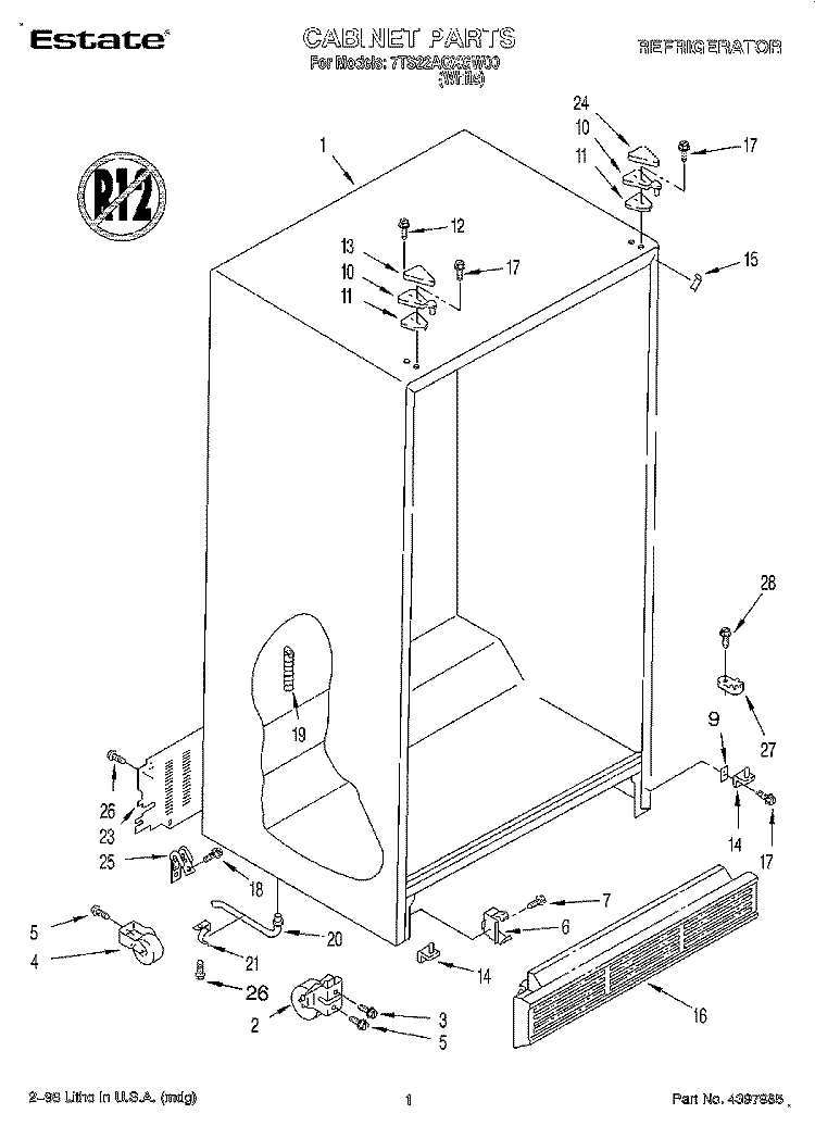 CABINET Diagram and Parts List for 7TS22AQXGW00  Whirlpool Refrigerator