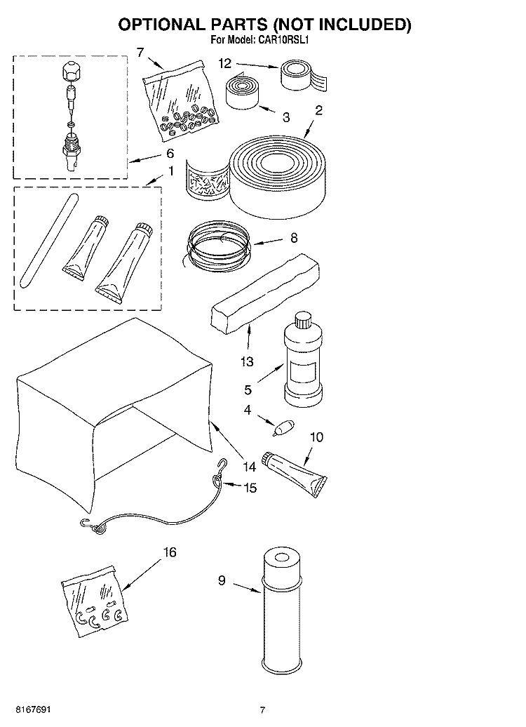 OPTIONAL  PARTS (NOT INCLUDED) Diagram and Parts List for CAR10RSL1  Crosley Air Conditioner