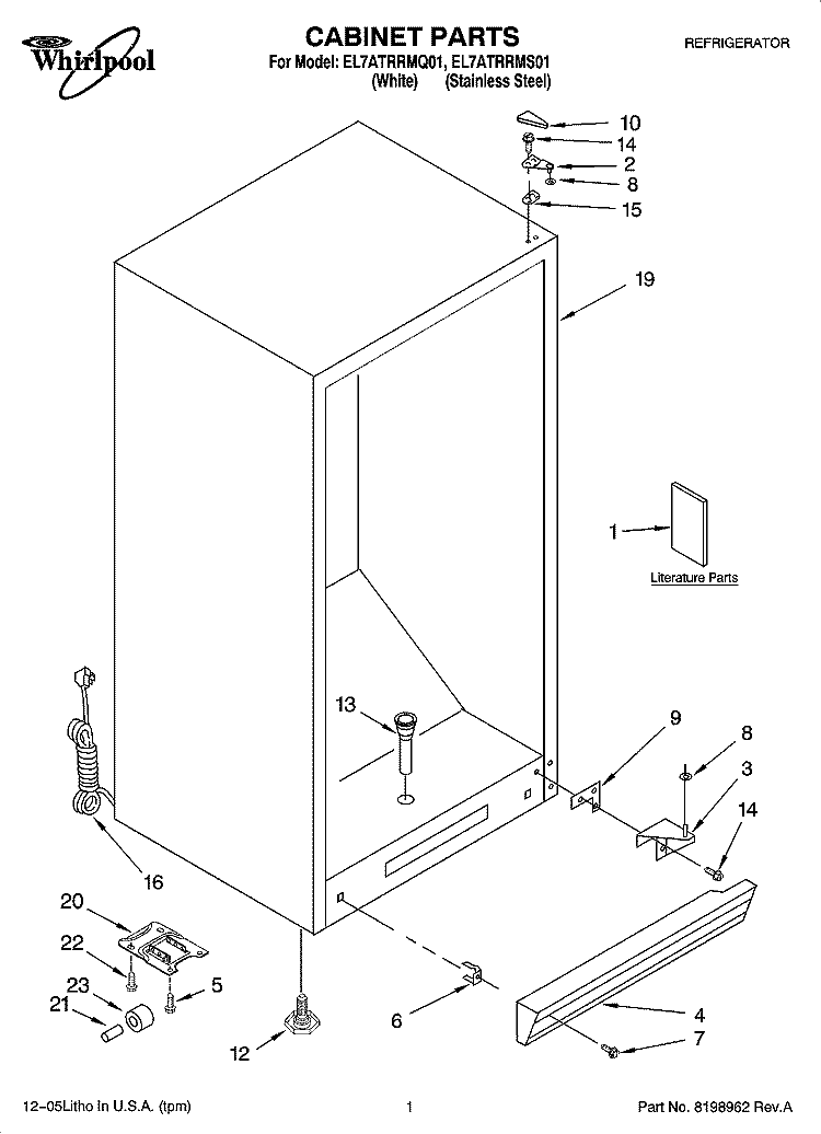 CABINET PARTS Diagram and Parts List for EL7ATRRMS01  Whirlpool Refrigerator