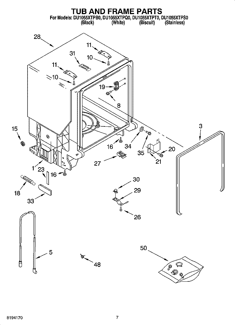 TUB AND FRAME PARTS Diagram and Parts List for DU1055XTPB0  Whirlpool Dishwasher