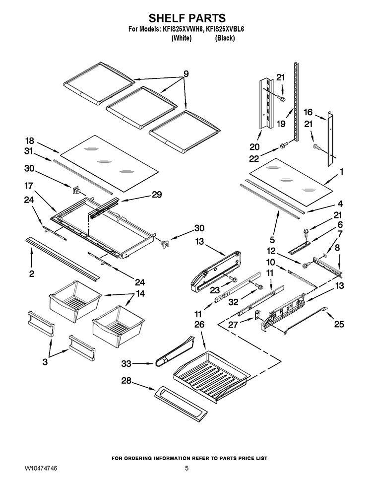 SHELF PARTS Diagram and Parts List for KFIS25XVWH6  KitchenAid Refrigerator
